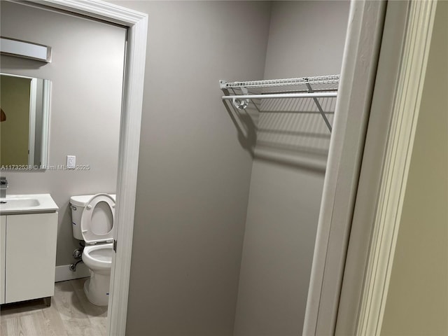 bathroom featuring vanity, toilet, and hardwood / wood-style floors