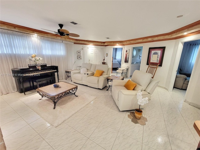 living room featuring light tile patterned floors, crown molding, and ceiling fan