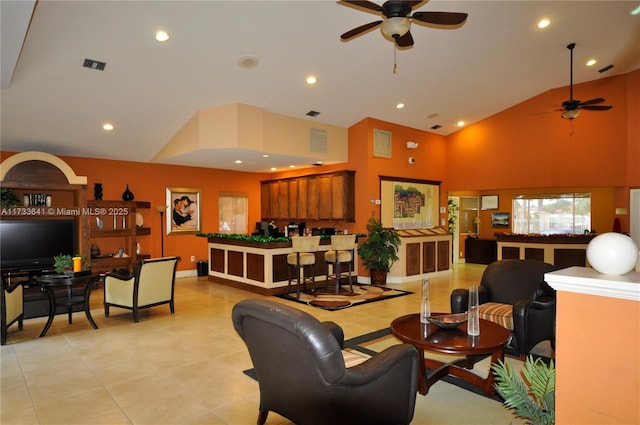 5740 Rock Island Rd Unit 274, Tamarac, FL 33319 - living room featuring recessed lighting, ceiling fan, light tile patterned floors, and high vaulted ceiling