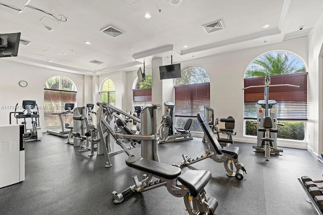 gym with a raised ceiling