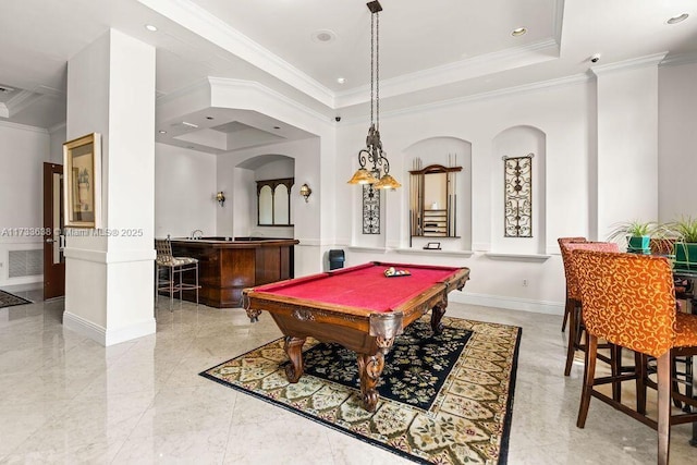 playroom with crown molding, pool table, bar area, and a tray ceiling