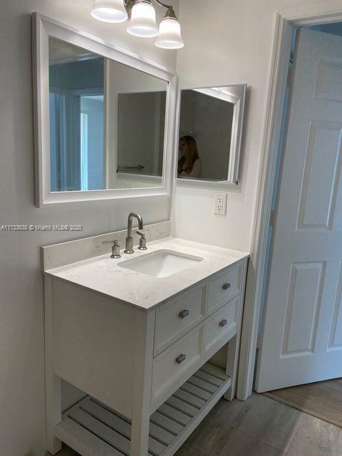 bathroom with hardwood / wood-style flooring and vanity