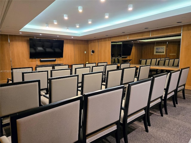 19667 Turnberry Way Unit 20B, Aventura, FL 33180 - carpeted home theater featuring a tray ceiling, recessed lighting, and wooden walls