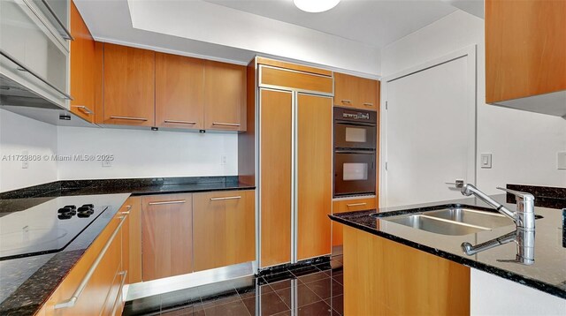 kitchen featuring sink, black appliances, dark stone counters, and dark tile patterned floors