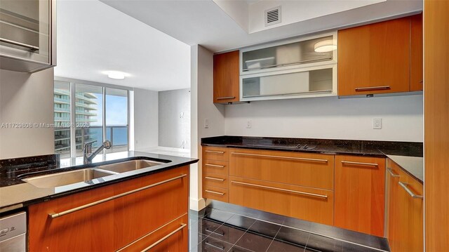 kitchen featuring sink, stainless steel dishwasher, dark stone counters, and dark tile patterned flooring