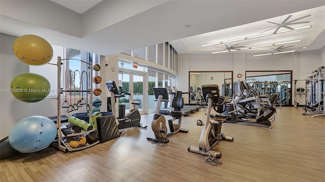 workout area featuring a high ceiling, wood-type flooring, and french doors