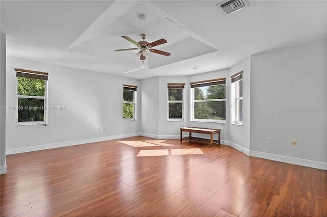 spare room with wood-type flooring, a raised ceiling, and ceiling fan