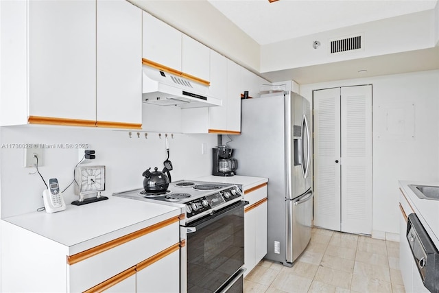 kitchen featuring sink, range with electric stovetop, stainless steel fridge, white dishwasher, and white cabinets