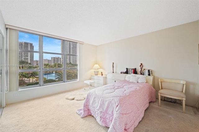 carpeted bedroom featuring a textured ceiling