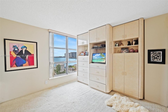 carpeted bedroom featuring a textured ceiling