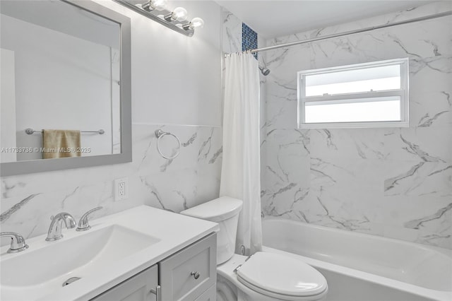 full bathroom featuring tile walls, shower / tub combo, vanity, tasteful backsplash, and toilet