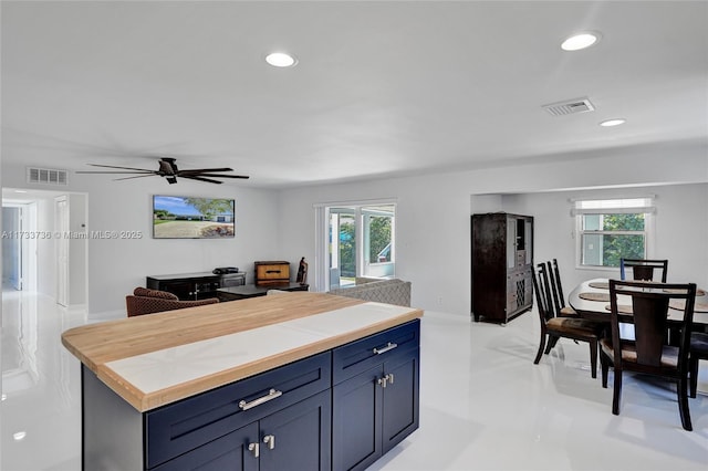 2720 SW 19th St, Fort Lauderdale, FL 33312 - kitchen with light countertops, a ceiling fan, recessed lighting, open floor plan, and blue cabinets