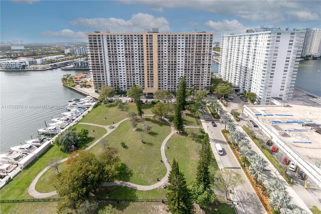 drone / aerial view with a water view