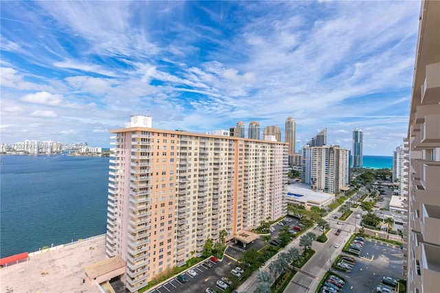 view of building exterior featuring a water view