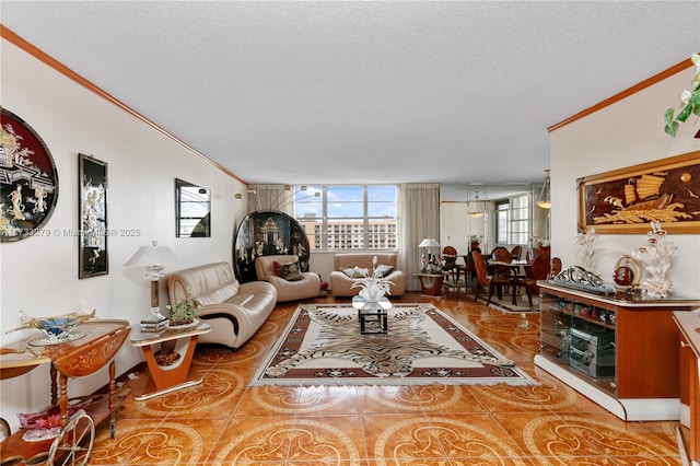 tiled living room featuring ornamental molding and a textured ceiling