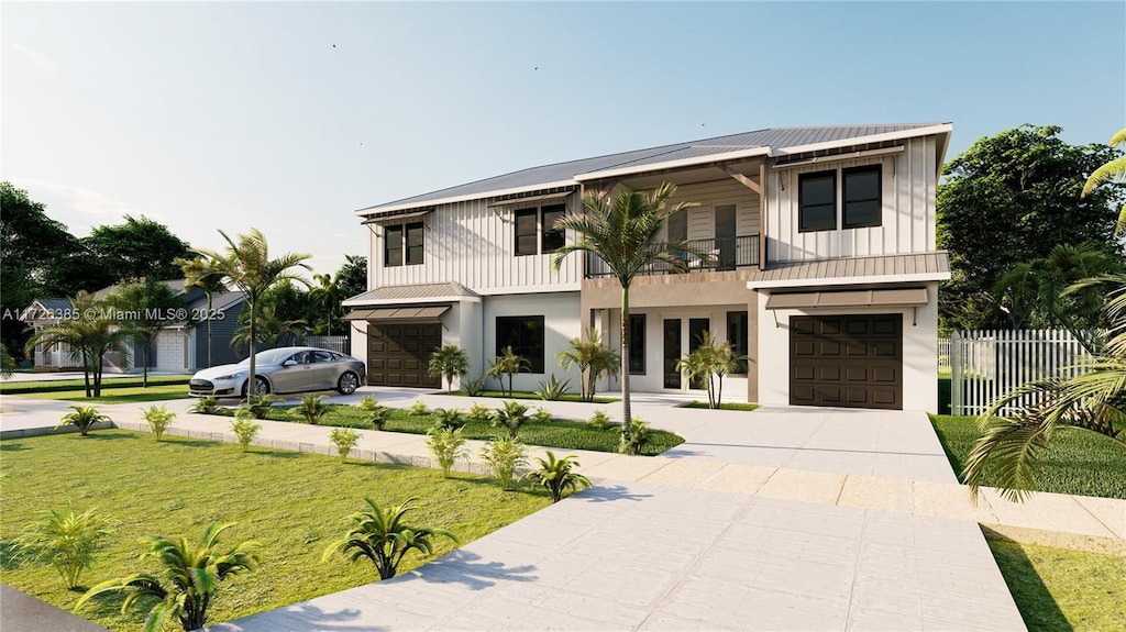 view of front facade featuring a garage, a balcony, and a front yard