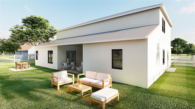 rear view of house featuring a lawn, outdoor lounge area, and a patio area