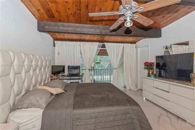 bedroom with marble finish floor, wooden ceiling, beam ceiling, and access to exterior