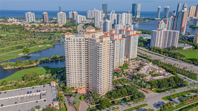 bird's eye view with a water view