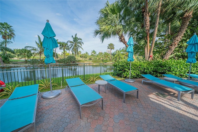 view of patio featuring a water view