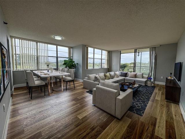 living room featuring dark hardwood / wood-style flooring and a textured ceiling