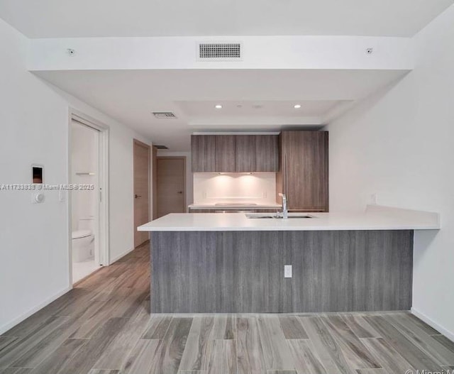 kitchen featuring sink, light hardwood / wood-style flooring, and kitchen peninsula