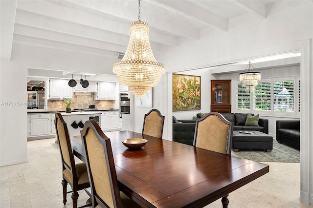 dining space featuring beam ceiling and a notable chandelier