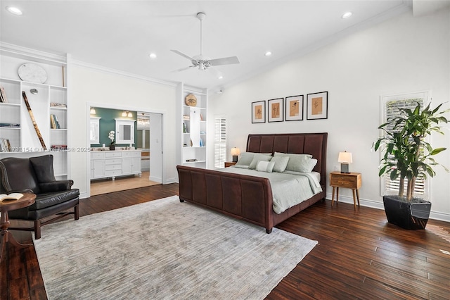 bedroom with dark hardwood / wood-style flooring, crown molding, and ceiling fan