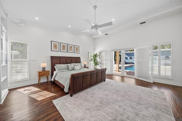 bedroom with crown molding, ceiling fan, dark hardwood / wood-style flooring, and access to outside