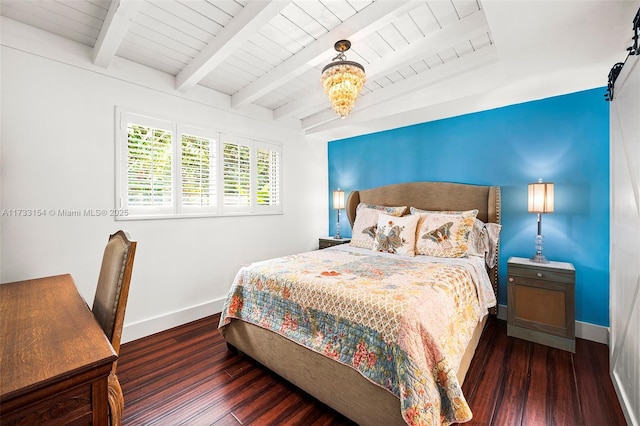 bedroom with a notable chandelier, wooden ceiling, dark hardwood / wood-style floors, and beamed ceiling