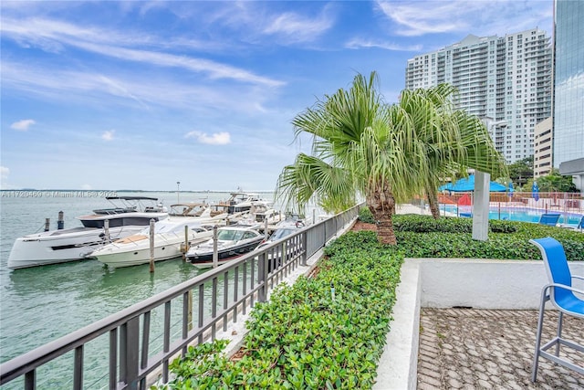 dock area with a water view