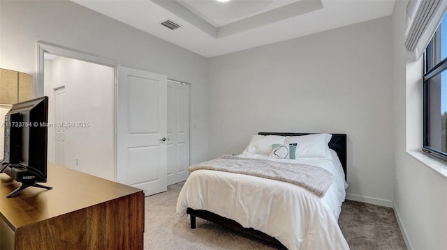 carpeted bedroom with a closet and a raised ceiling