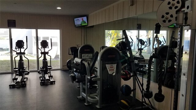 exercise room with a healthy amount of sunlight and wood walls