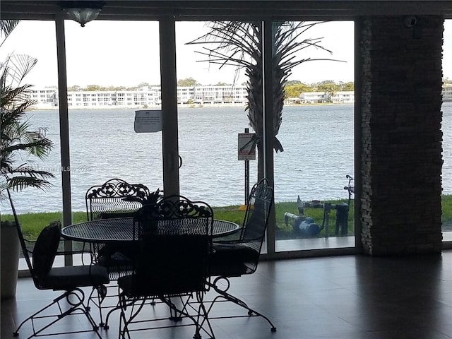 interior space featuring a water view