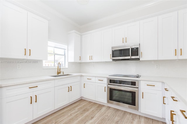 8196 SW 163rd Ct, Miami, FL 33193 - kitchen with appliances with stainless steel finishes, ornamental molding, white cabinetry, light countertops, and light wood finished floors
