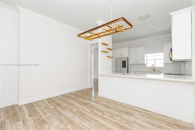 kitchen featuring crown molding, open shelves, light countertops, smart refrigerator, and white cabinetry