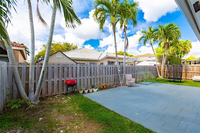 view of yard with a fenced backyard and a patio