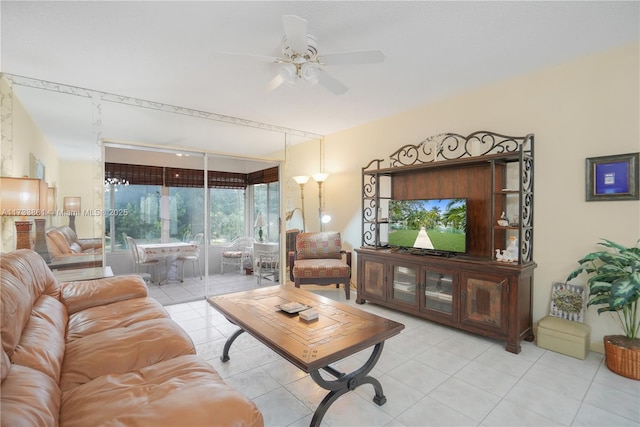 living room featuring light tile patterned floors and ceiling fan