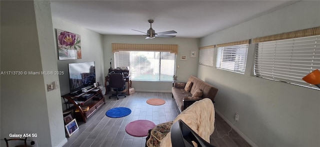 interior space featuring ceiling fan