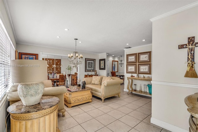 living room with light tile patterned floors, recessed lighting, crown molding, and an inviting chandelier