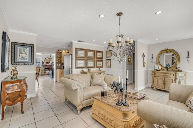 living room with light tile patterned floors, ornamental molding, a chandelier, and recessed lighting