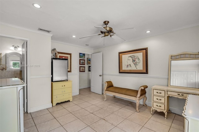 living area featuring ceiling fan, light tile patterned floors, recessed lighting, visible vents, and crown molding