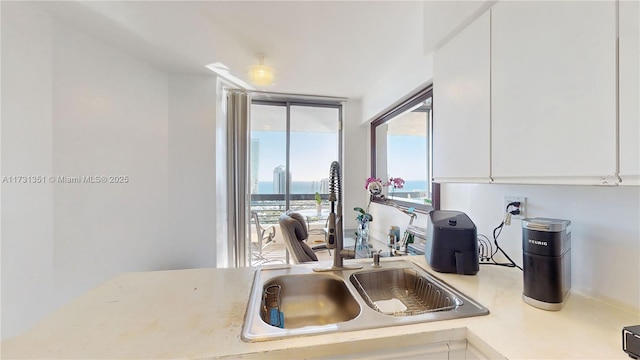 kitchen with expansive windows, sink, and white cabinets