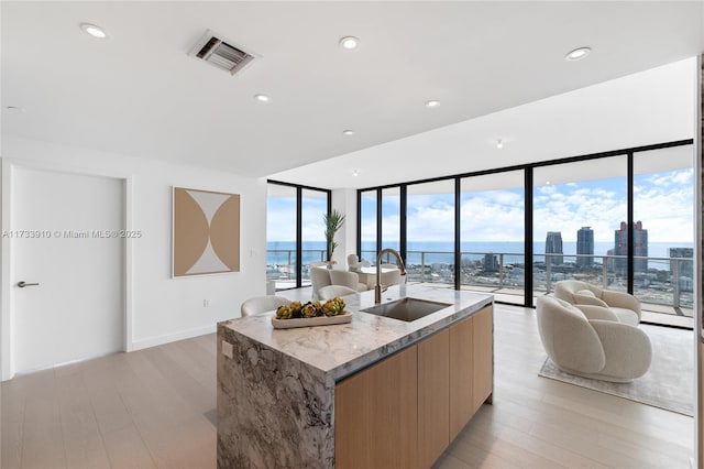 kitchen featuring modern cabinets, a water view, light stone countertops, a kitchen island with sink, and a sink