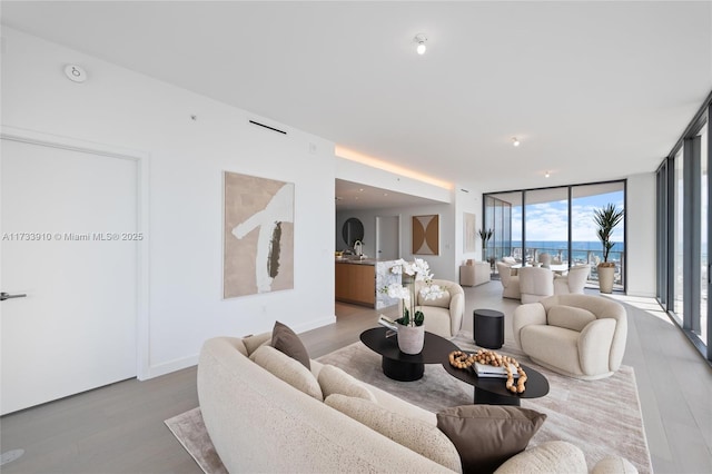 living area with a wall of windows, light wood-type flooring, and a water view