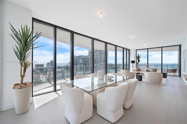 dining area featuring a water view, baseboards, floor to ceiling windows, a view of city, and light wood finished floors