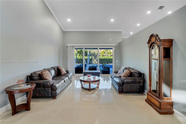 living room with crown molding and light tile patterned flooring