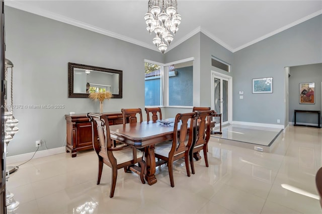 tiled dining space with lofted ceiling, ornamental molding, and a chandelier