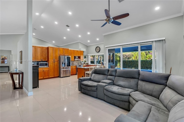 living room featuring high vaulted ceiling, ornamental molding, ceiling fan, and light tile patterned flooring