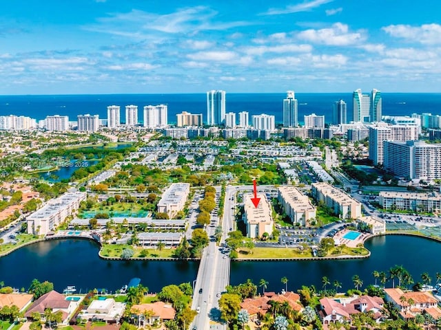 drone / aerial view featuring a water view